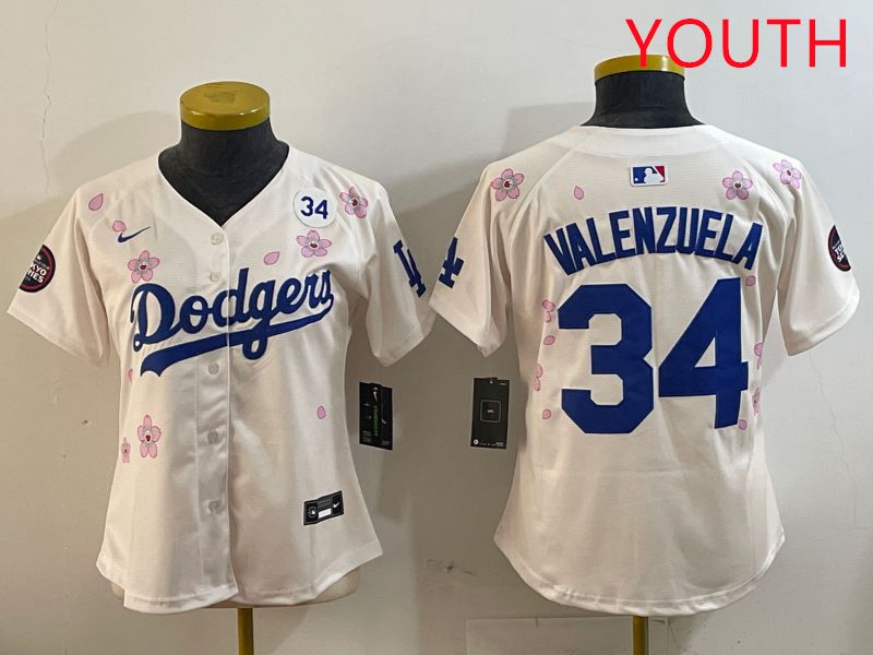 Youth Los Angeles Dodgers #34 Valenzuela Cream Sakura Edition 2025 Nike MLB Jersey style 5